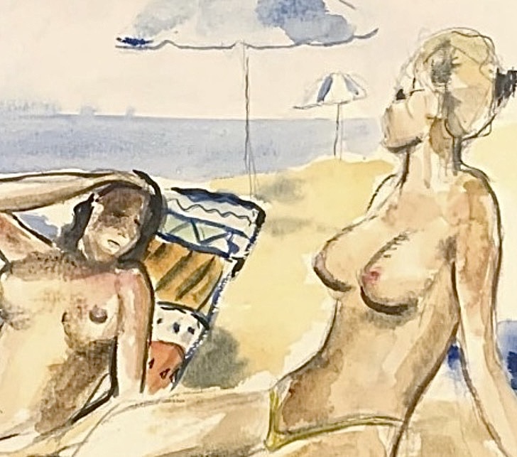 Detail of watercolor by Marina Stognieva from the Nudist Beach in Painting series